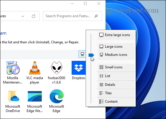 Αλλαγή πίνακα ελέγχου μεγέθους εικονιδίου εφαρμογής Windows 11