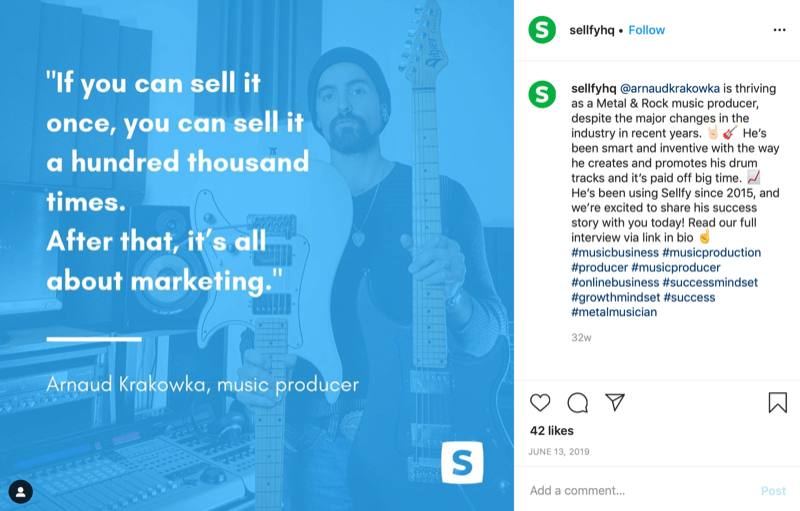 γραφικό προσφοράς πελατών από το λογαριασμό Sellfy Instagram