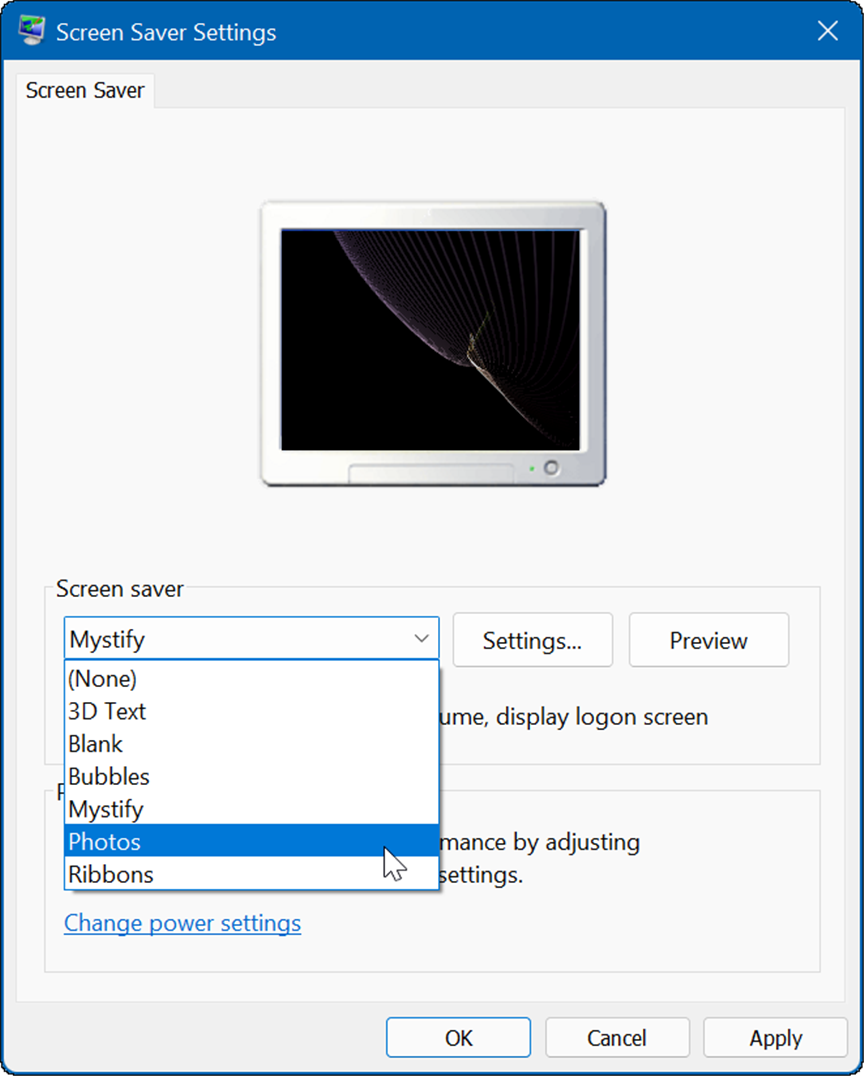 Οι ρυθμίσεις προφύλαξης οθόνης ορίζουν τις φωτογραφίες ως προφύλαξη οθόνης στα Windows