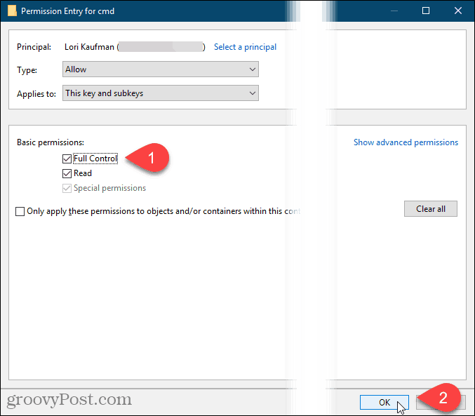 Ελέγξτε το πλήρες στοιχείο ελέγχου και κάντε κλικ στο κουμπί OK στο παράθυρο διαλόγου Άδεια εισαγωγής στο μητρώο των Windows