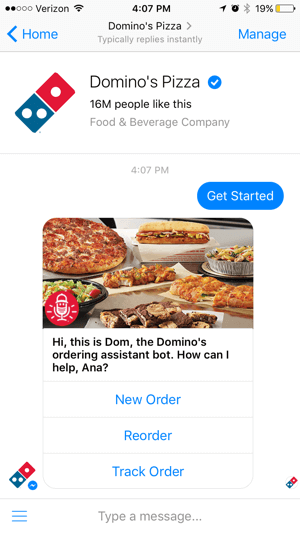 Το chatbot του Domino διευκολύνει τους πελάτες να παρακολουθούν την παραγγελία τους. Αυτό μπορεί να μειώσει τις κλήσεις προς το κατάστημα.