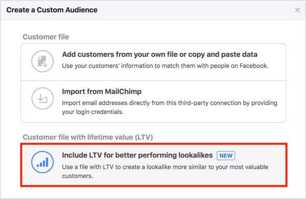 Επιλέξτε την επιλογή Συμπερίληψη LTV για καλύτερη απόδοση όταν δημιουργείτε ένα προσαρμοσμένο κοινό από τη λίστα πελατών σας. 