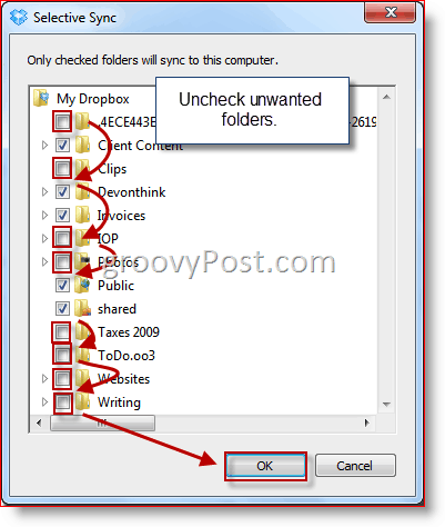Επιλογή φακέλου Dropbox από το Windows Selective Sync