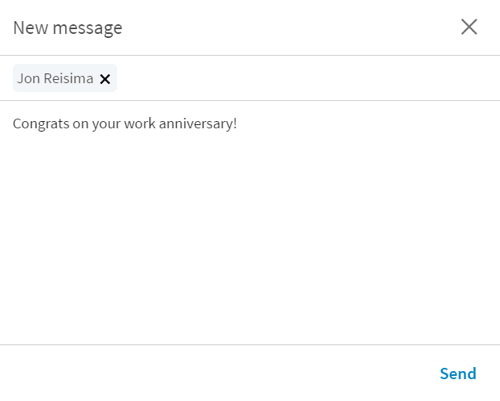 Όταν κάνετε κλικ στο κουμπί "Συγχαρητήρια", το LinkedIn ανοίγει ένα νέο μήνυμα με έναν σύντομο εκκινητή.