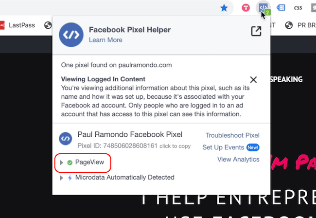 Βοηθός Facebook Pixel που δείχνει το συμβάν προβολής σελίδας
