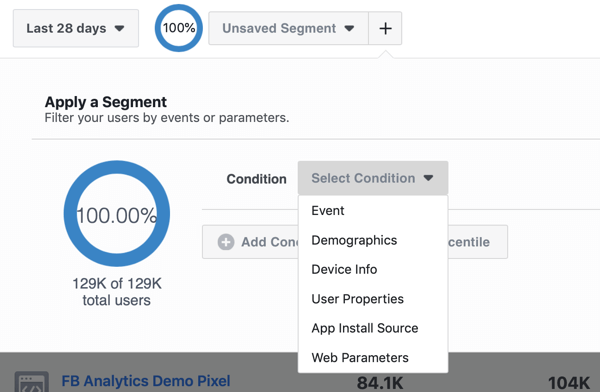 Επιλογές συνθήκης για τα Τμήματά σας στις ομάδες πηγών συμβάντων στο Facebook Analytics.