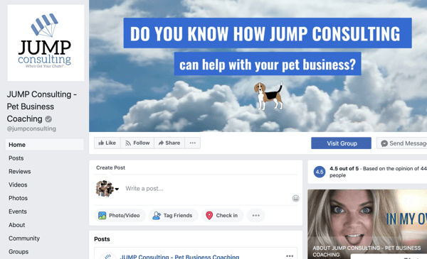 Πώς να χρησιμοποιήσετε τις δυνατότητες των Ομάδων Facebook, παράδειγμα σελίδας Facebook για JUMP Consulting