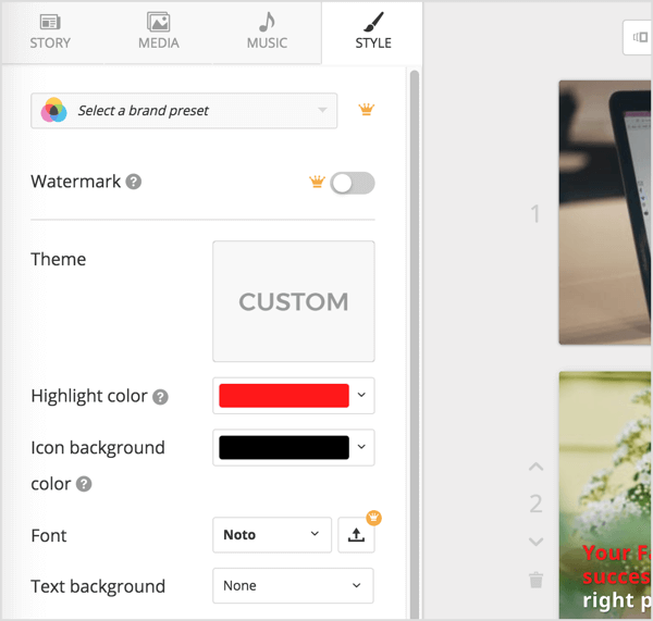 Ανοίξτε την καρτέλα Lumen5 Style για να επεξεργαστείτε τα χρώματα, τις γραμματοσειρές, το φόντο, το στυλ κινούμενης εικόνας και τη θέση. 