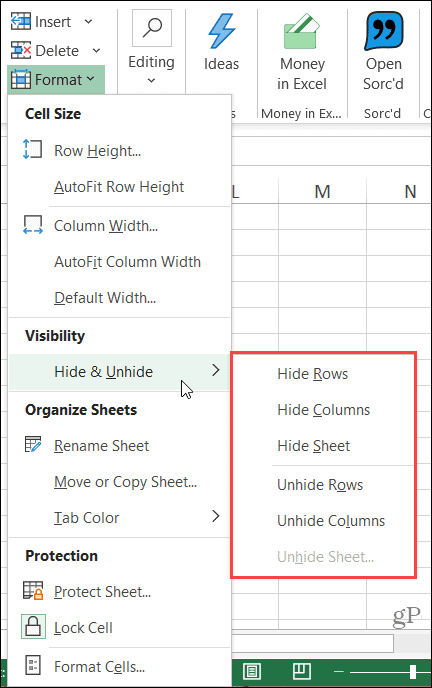 Απόκρυψη κορδέλας στήλης στο Excel στα Windows