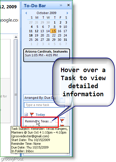 Outlook 2007 To-Do Bar - Τοποθετήστε το δείκτη του ποντικιού πάνω από το στοιχείο για περισσότερες λεπτομέρειες