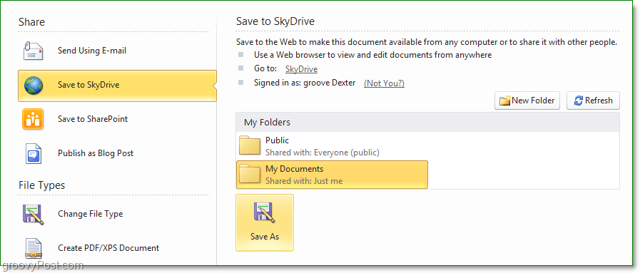 πώς μπορώ να αποθηκεύσω ένα αρχείο στο skydrive του Office 2010