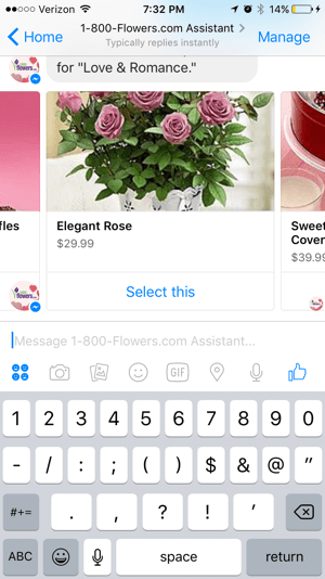Οι πελάτες μπορούν εύκολα να περιηγηθούν και να επιλέξουν προϊόντα από το chatbot 1-800-Flowers.
