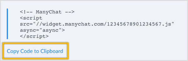 ManyChat Αντιγράψτε τον κώδικα στο Πρόχειρο