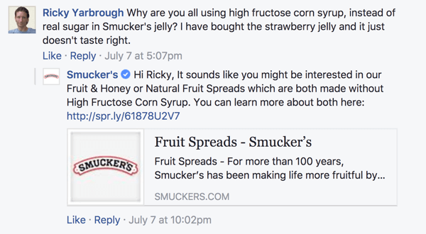 Όταν απαντάτε σε μια ανησυχία πελάτη στο Facebook, βρείτε τρόπους για να ανακατευθύνετε τη συνομιλία σε θετική κατεύθυνση.