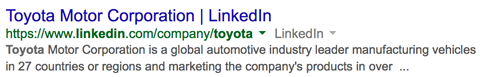 σελίδα εταιρείας toyota Linkedin στα αποτελέσματα αναζήτησης google