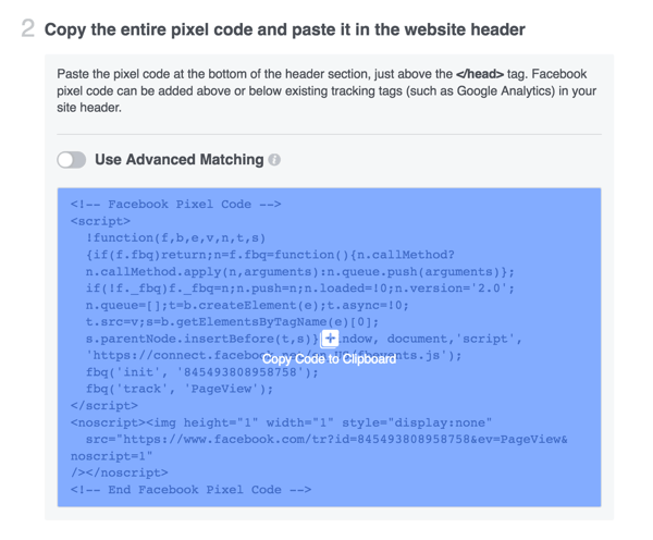 Αντιγράψτε τον κώδικα pixel του Facebook και εγκαταστήστε τον στον ιστότοπό σας.