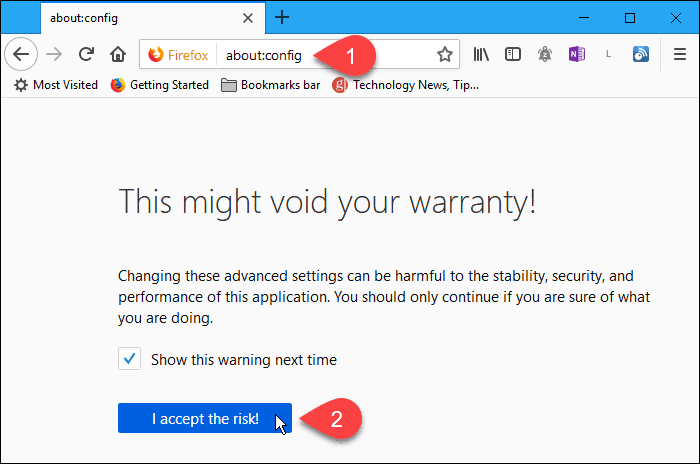 Κάντε κλικ στο κουμπί Αποδέχομαι τον κίνδυνο σχετικά με: σελίδα διαμόρφωσης στον Firefox