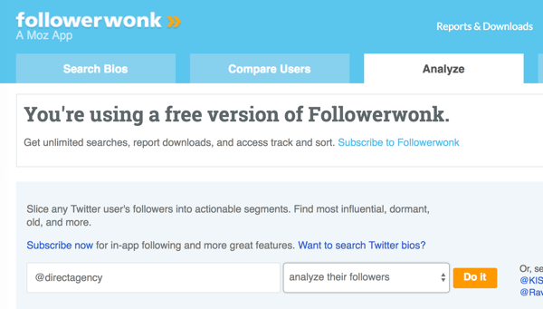 Επιλέξτε το λογαριασμό Twitter που θέλετε να αναλύσετε με το Followerwonk.