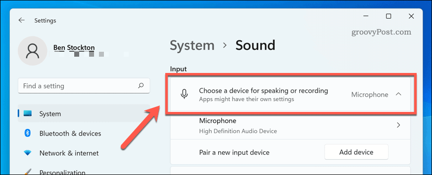 Επιλογή συσκευής εισόδου ήχου στα Windows 11