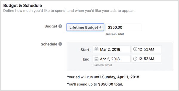 Επιλέξτε έναν προϋπολογισμό διάρκειας ζωής για τις διαφημίσεις σας.