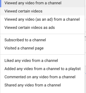 Πώς να ρυθμίσετε μια καμπάνια διαφημίσεων YouTube, βήμα 27, να ορίσετε συγκεκριμένη ενέργεια χρήστη επαναληπτικού μάρκετινγκ