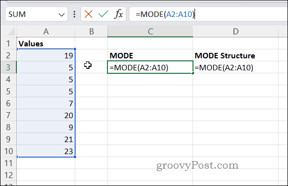 Παράδειγμα τύπου MODE στο Excel