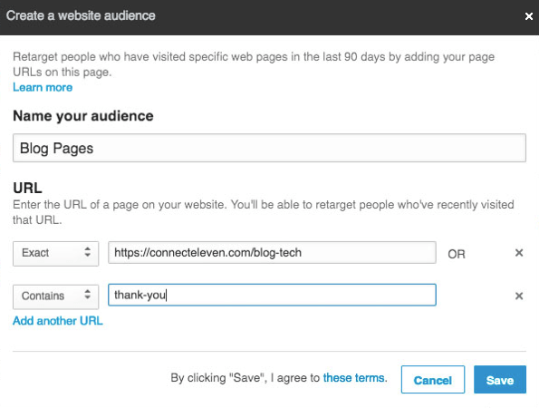 Μπορείτε να προσθέσετε πολλές διευθύνσεις URL για επαναπροσδιορισμό στο Αντιστοιχισμένο κοινό του LinkedIn.
