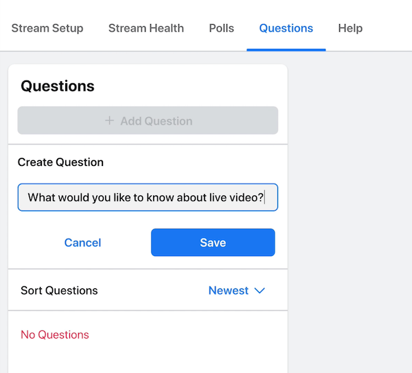 Επιλογή ζωντανής ροής στο facebook για να δημοσιεύσετε μια ερώτηση για να απαντήσουν οι θεατές και το κοινό σας κατά τη διάρκεια της μετάδοσής σας