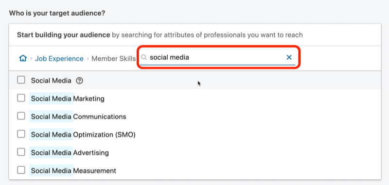 στιγμιότυπο οθόνης των αποτελεσμάτων αναζήτησης για δεξιότητες μέλους «κοινωνικών μέσων» στο LinkedIn