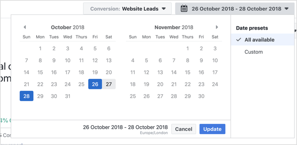 Επιλέξτε το εύρος ημερομηνιών που θέλετε να προβάλετε με το εργαλείο Facebook Attribution.