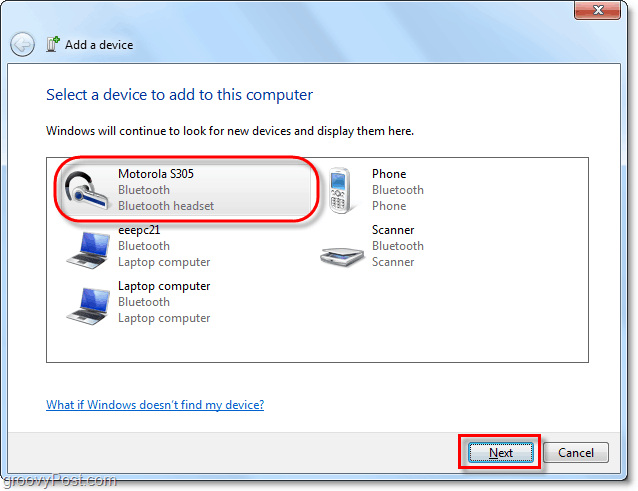 κάντε κλικ στη συσκευή Bluetooth από το Windows 7 προσθέστε έναν οδηγό συσκευής και κάντε κλικ στο κουμπί Next