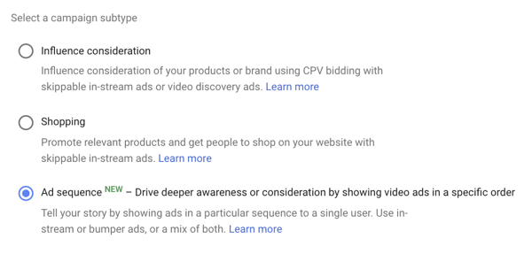 Πώς να ρυθμίσετε μια καμπάνια διαφημίσεων YouTube, βήμα 39, επιλογή για τον καθορισμό αλληλουχίας διαφημίσεων