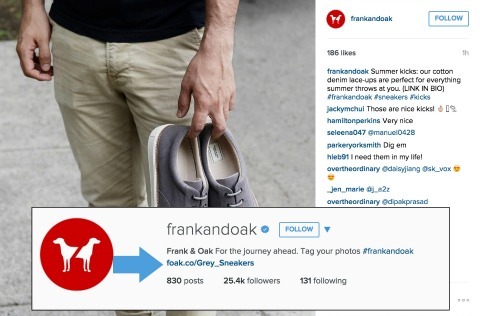 Frank and Oak παράδειγμα προσθήκης συνδέσμων στο βιογραφικό σας Instagram