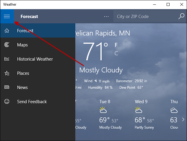 μενού χάμπουργκερ Windows 10 Weather