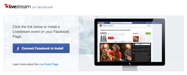 Κάντε κλικ στο κουμπί Σύνδεση Facebook για εγκατάσταση για να εγκαταστήσετε τη ζωντανή ροή στη σελίδα σας στο Facebook.