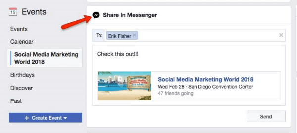 Το Facebook προτρέπει τους χρήστες να μοιραστούν ένα συμβάν που ανακαλύφθηκε στο Facebook με άλλους χρήστες του Messenger.