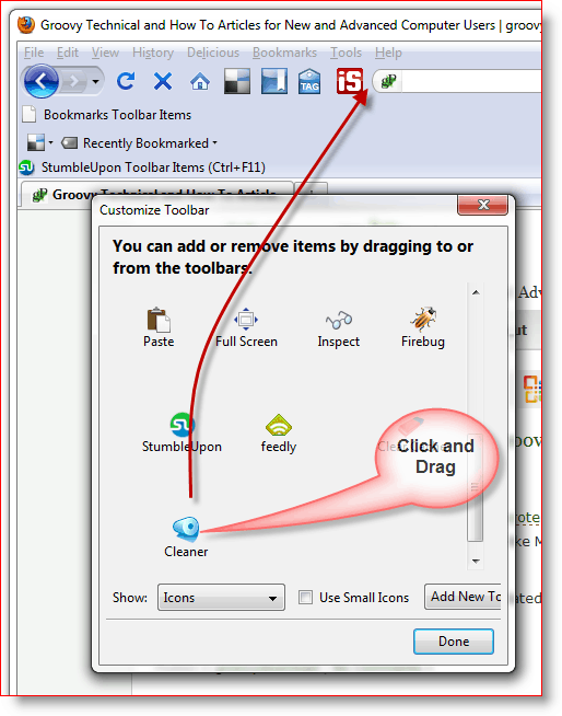 Πώς να προσθέσετε το εικονίδιο του πρόσθετου στη γραμμή εργαλείων του Firefox, σύροντάς το