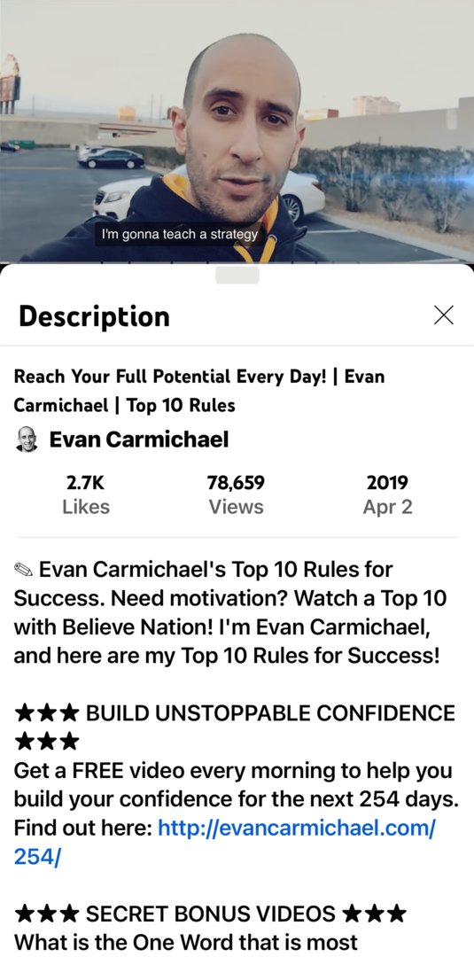 εικόνα του Evan Carmichael βίντεο YouTube και περιγραφή στην εφαρμογή για κινητά