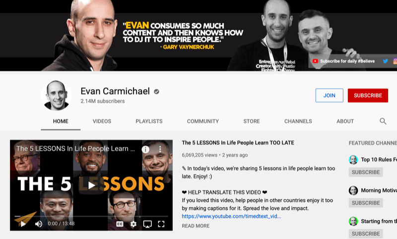 Σελίδα καναλιού YouTube για τον Evan Carmichael