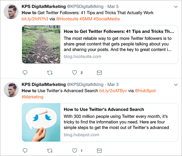 Αυτό είναι ένα στιγμιότυπο οθόνης αυτόματων tweets από το @KPSDigitalMarketing που δημοσιεύτηκε στις 3 Μαρτίου και 5 Μαρτίου. Αυτά τα tweets εμφανίζονται πριν ο Dan Knowlton σταματήσει να αυτοματοποιεί τα tweets. Τα tweets ακολουθούν μια φόρμουλα που τα καθιστά αναγνωρίσιμα ως tweet μάρκετινγκ: τίτλος άρθρου, σύντομος σύνδεσμος, η λέξη «μέσω» συν τη λαβή Twitter του συγγραφέα του άρθρου και, στη συνέχεια, μερικά hashtag. Το πρώτο tweet αφορά ένα άρθρο με τίτλο «Πώς να αποκτήσετε τους ακόλουθους του Twitter: 41 συμβουλές και κόλπα που λειτουργούν πραγματικά». Το δεύτερο αφορά ένα άρθρο με τίτλο «Πώς να χρησιμοποιήσετε τη Σύνθετη αναζήτηση του Twitter».