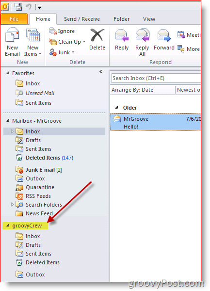 Outlook 2010 Screenshot πώς να προσθέσετε επιπλέον γραμματοκιβώτιο