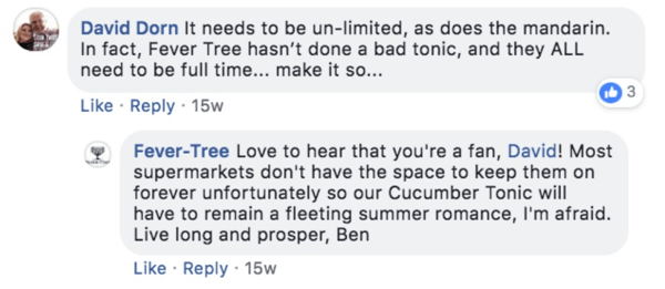 Παράδειγμα Fever-Tree που απαντά σε ένα σχόλιο σε μια ανάρτηση στο Facebook.