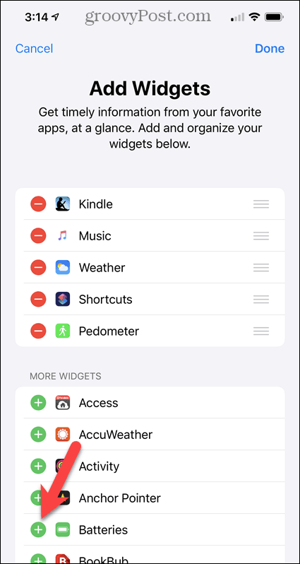 Προσθέστε το widget Μπαταρίες στην οθόνη Widgets iPhone