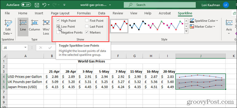 Εμφάνιση επιλογών για Sparklines στο Excel