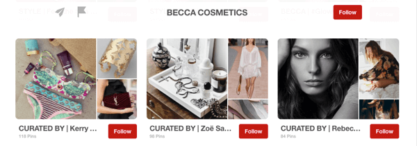 Παράδειγμα επισκεπτών στο Pinterest που επιμελήθηκαν οι επιρροές του Becca Cosmetics.