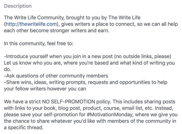 Πώς να βελτιώσετε την κοινότητα της ομάδας σας στο Facebook, παράδειγμα της περιγραφής της ομάδας του Facebook και των κανόνων της κοινότητας The Write Life