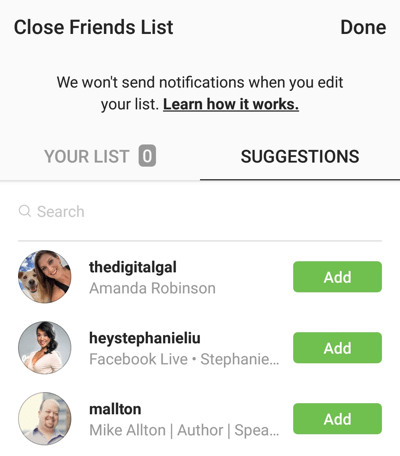 Επιλογή για κλικ Προσθήκη για να προσθέσετε έναν φίλο στη λίστα Κλείσιμο φίλων σας στο Instagram.