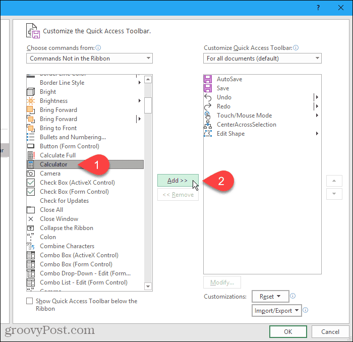 Επιλέξτε Υπολογιστής στα αριστερά και, στη συνέχεια, κάντε κλικ στο κουμπί Προσθήκη στο παράθυρο διαλόγου Επιλογές του Excel