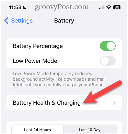 Πατήστε Battery Health & Charging στην οθόνη Battery iPhone