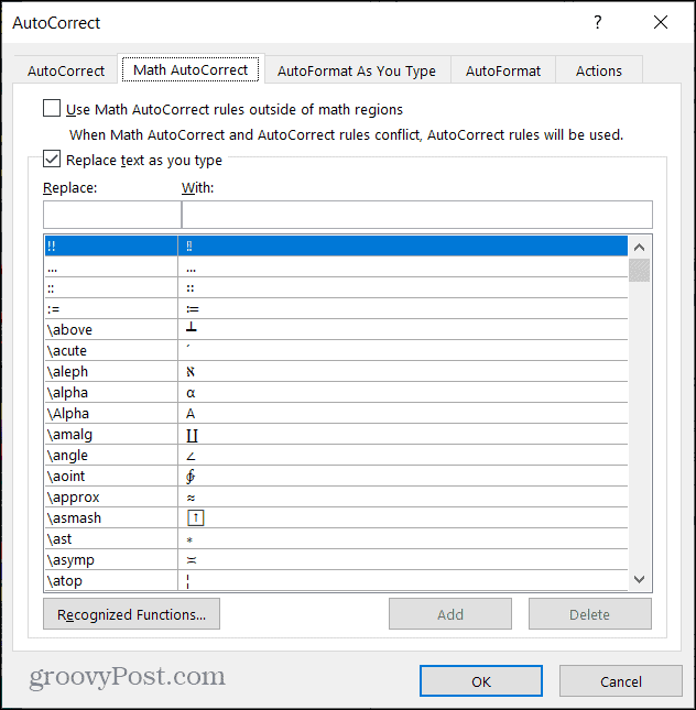 Αυτόματη διόρθωση μαθηματικών στο Word στα Windows